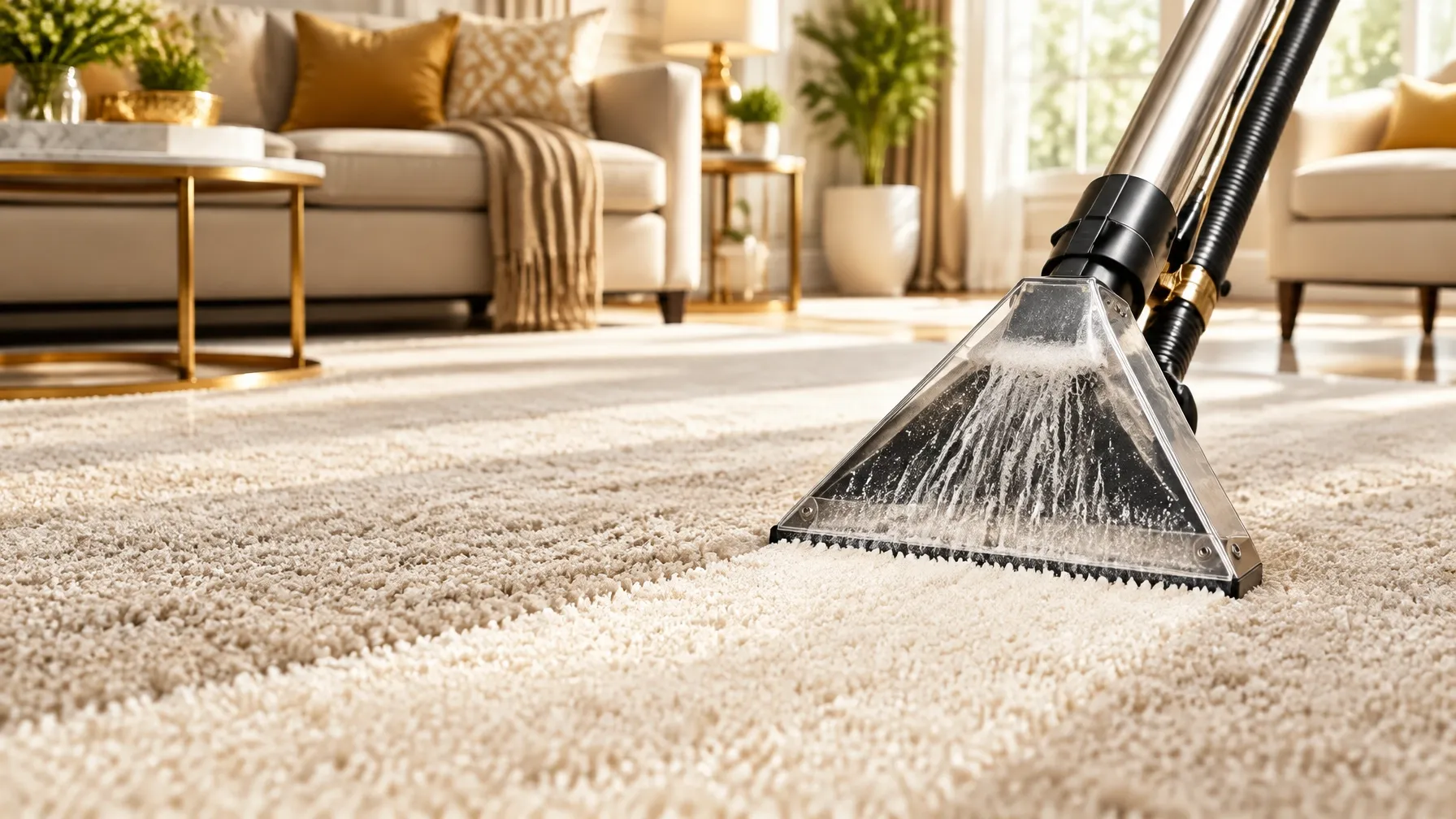 Professional extraction wand cleaning a light carpet