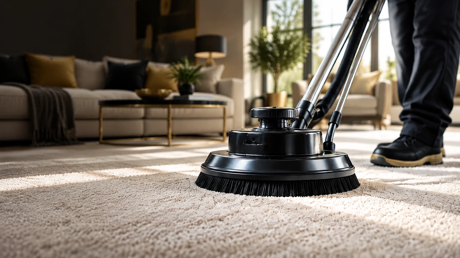 Professional carpet-cleaning machine working over a light carpet
