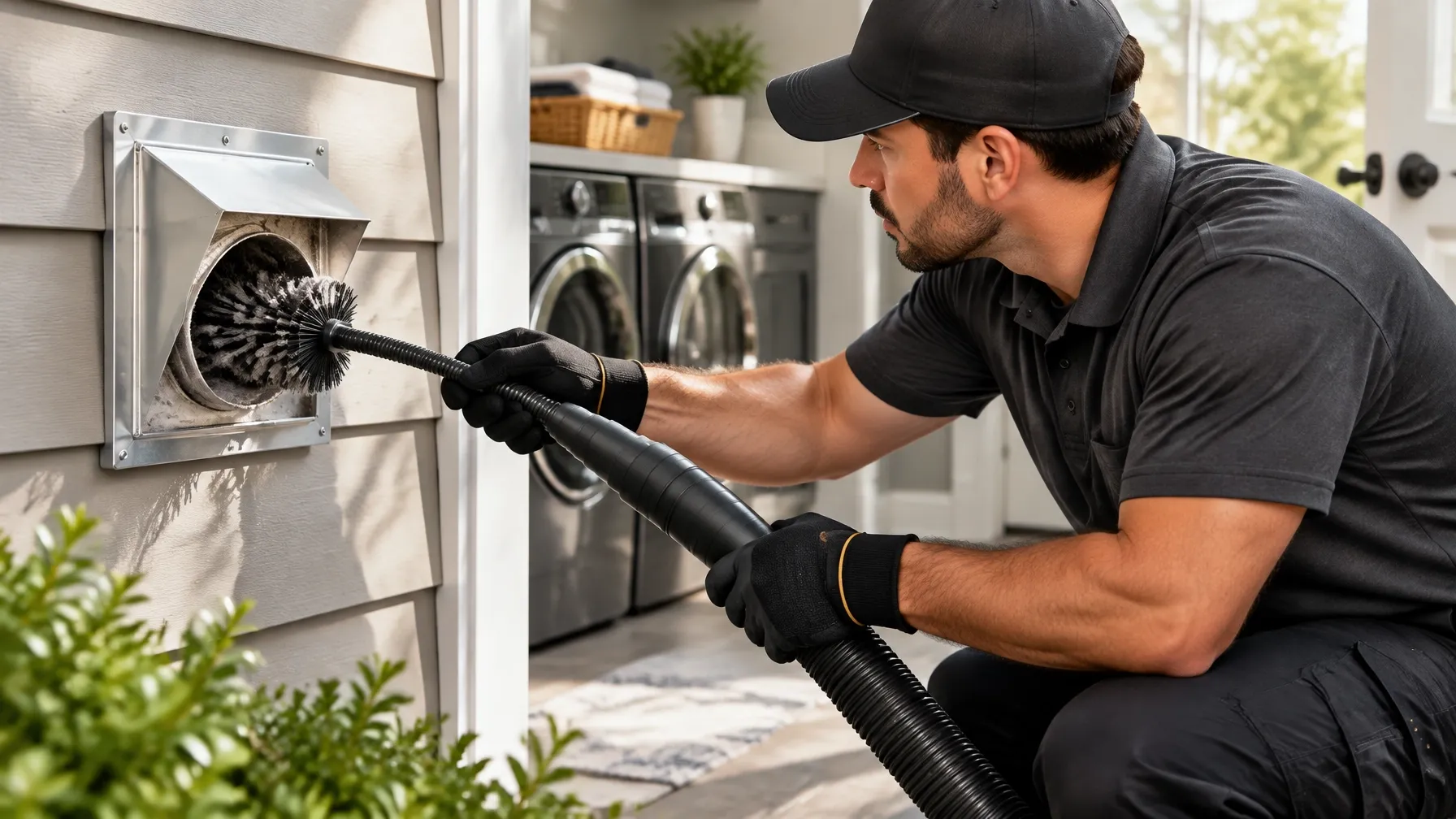 Technician cleaning lint from a dryer vent
