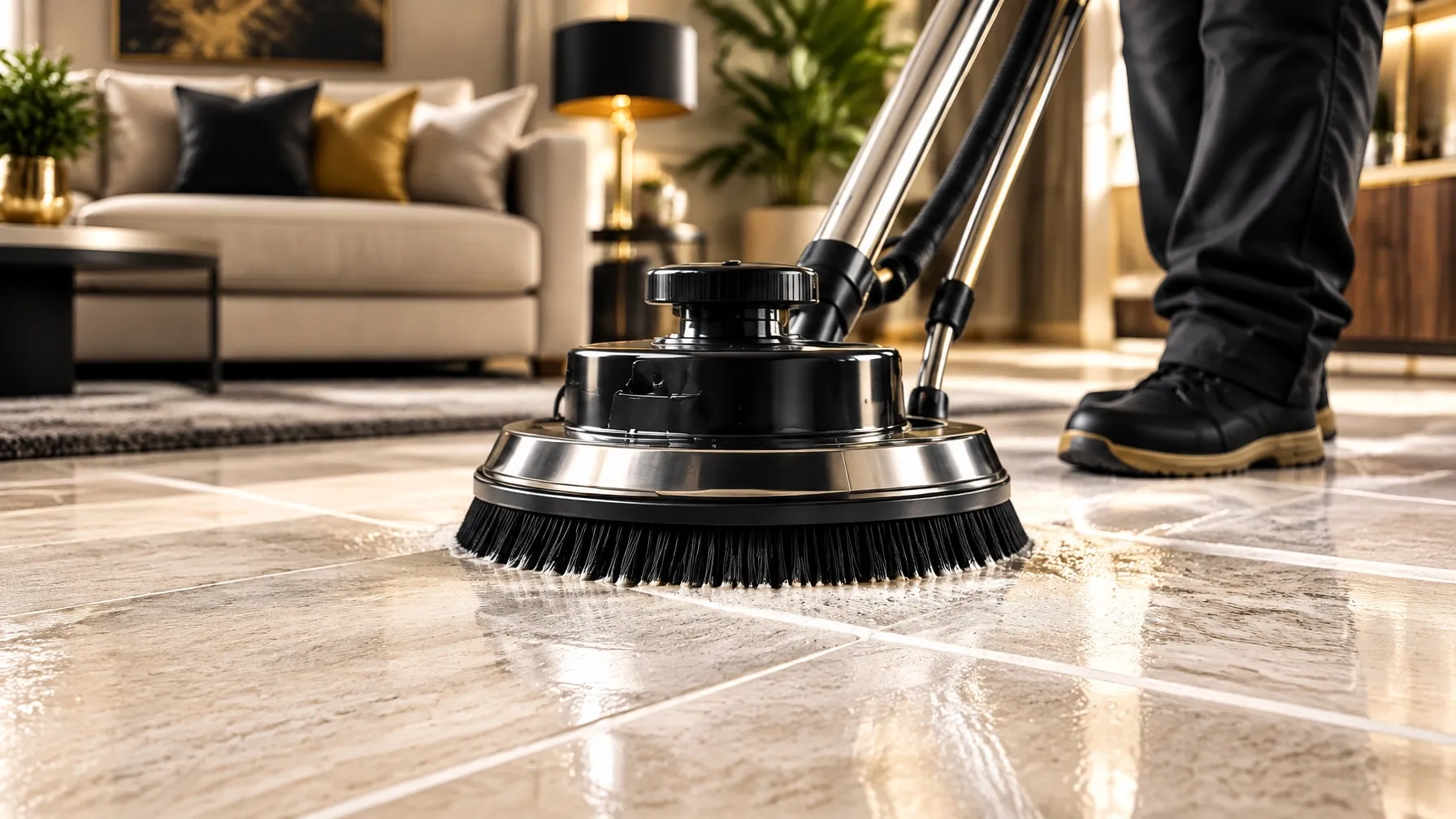 Professional rotary brush cleaning tile flooring