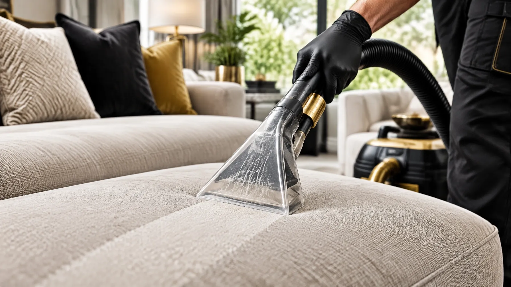 Technician deep cleaning a light upholstered sofa